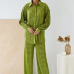 MOSS GREEN PLEATED PLISSE OVER SIZE CO ORDS