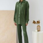 ARMY GREEN PLEATED PLISSE OVERSIZE CO ORDS