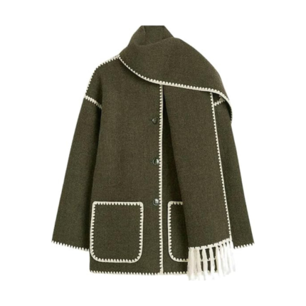 Army green Fringed Blend Jacket With Scarf