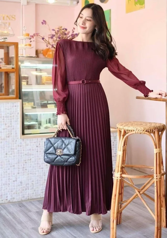 Pleated Burgundy dress - Image 1