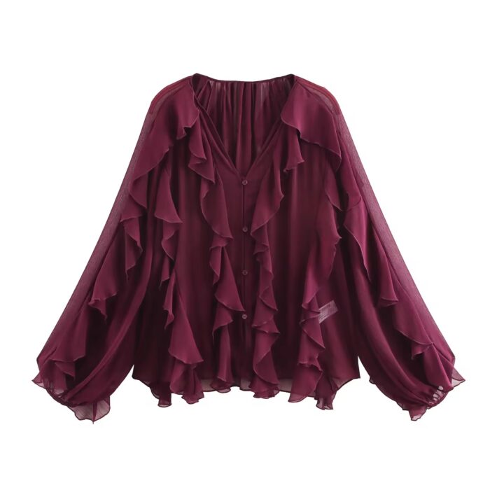 Wine red ruffle shirt - Image 1